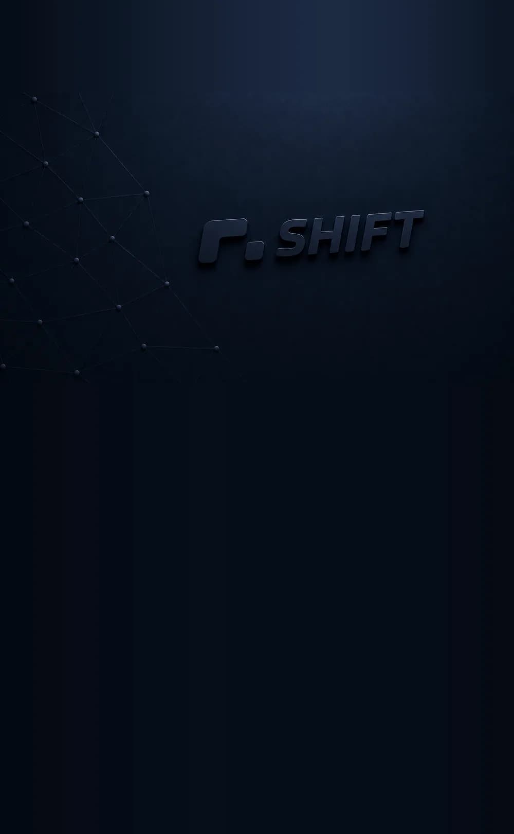 Erhabene SHIFT-Wortmarke auf einer mattschwarzen Wand, links ein feines Netz aus Linien und Knotenpunkten